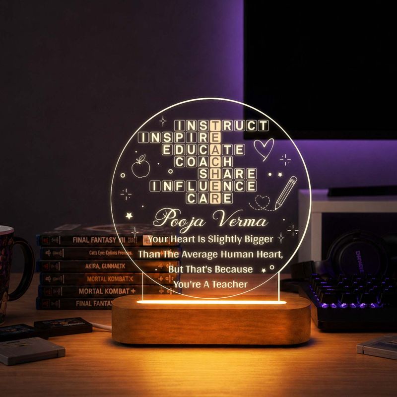 Personalised Teacher Acrylic LED Night Lamp with Wooden Base Teachers Day Gift for Class Teacher Inspirational Gift for Teachers Birthday Gift for Teacher